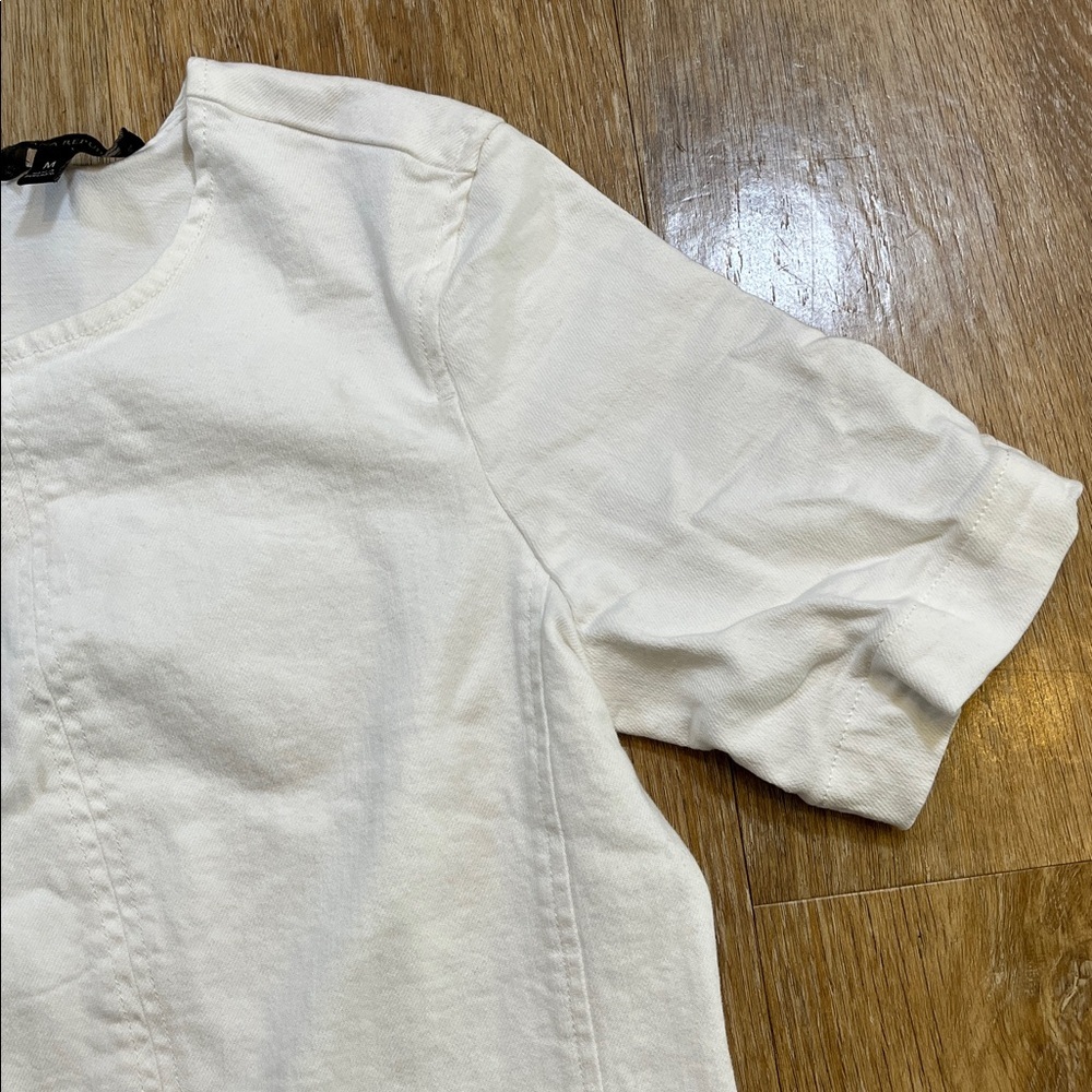 Banana Republic White Denim Short Sleeve Shirt Top Stretch Crew Medium M - Picture 5 of 16